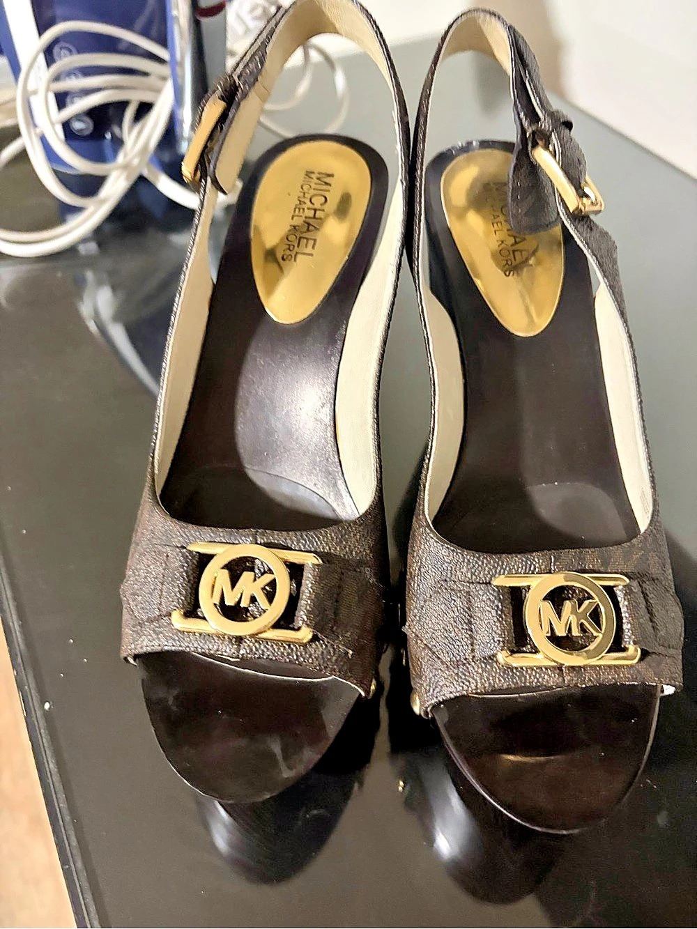 Michael Kors Black Wedge Pumps with Gold-Tone Hardware size 8